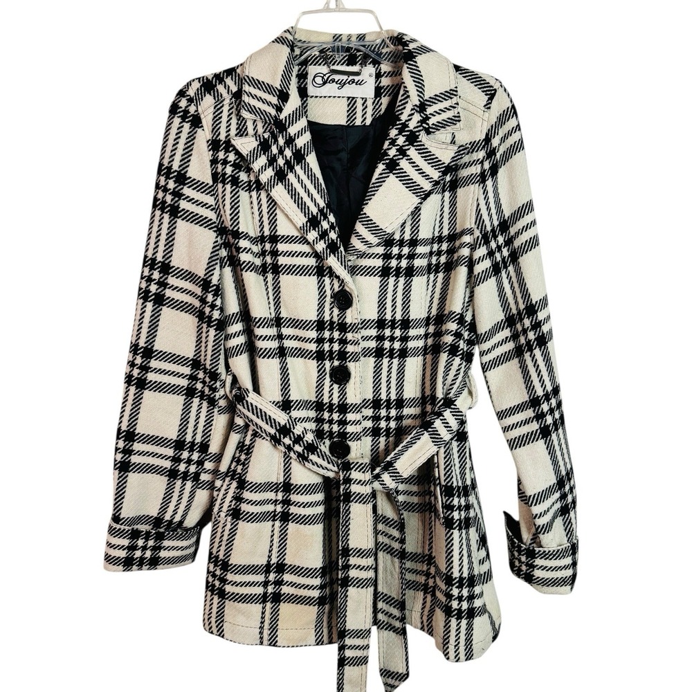 JOUJOU Pea Coat L Belted Plaid Fully Lined‎ Wool Blend Jacket Cream/Black